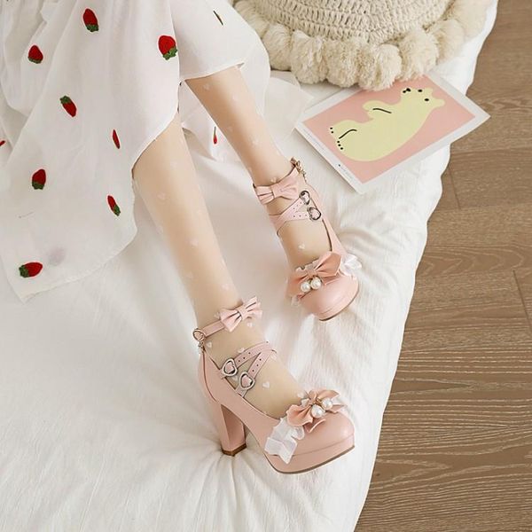 

dress shoes womens lolita round toe pearls bowknot kawaii cosplay sandals block high heel plus size mary janes s-strap, Black