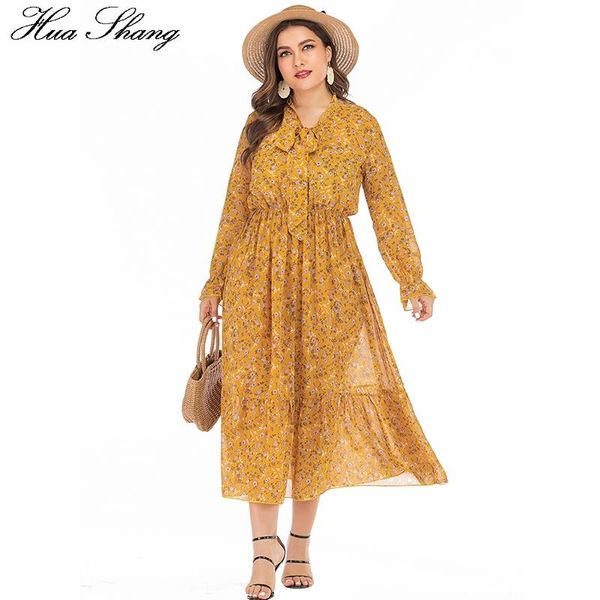 

casual dresses summer yellow dress plus size 6xl women bow tie collar long sleeve floal print chiffon boho beach tunic maxi, Black;gray