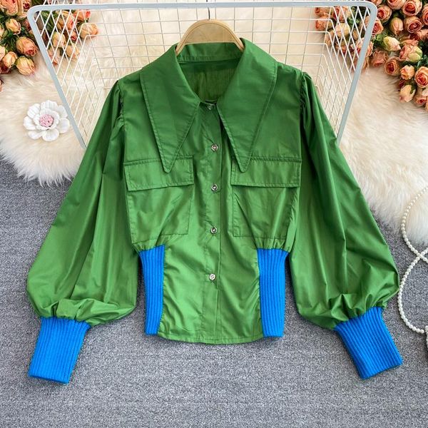 

women's jackets autumn french design sense of color matching lantern sleeve shirt female temperament was thin and age-reducing short to, Black;brown