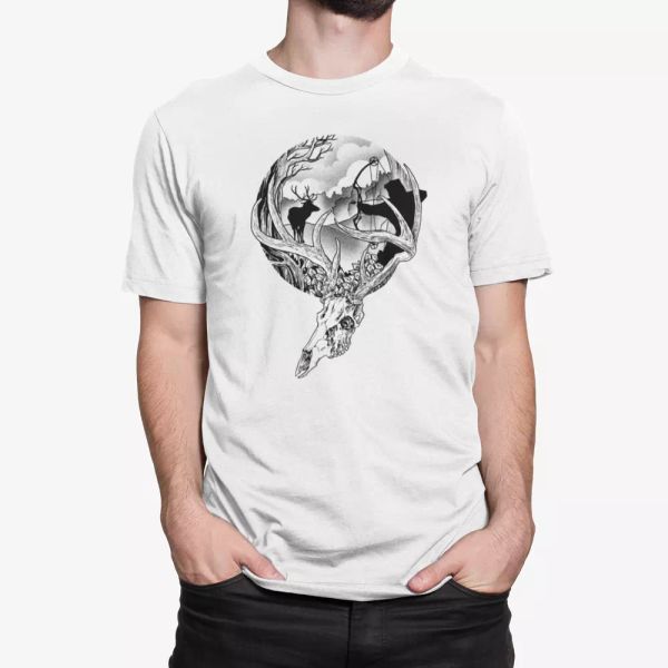 

Hunting Season - Mens Cotton T-shirt Deer Moose Skull, White;black