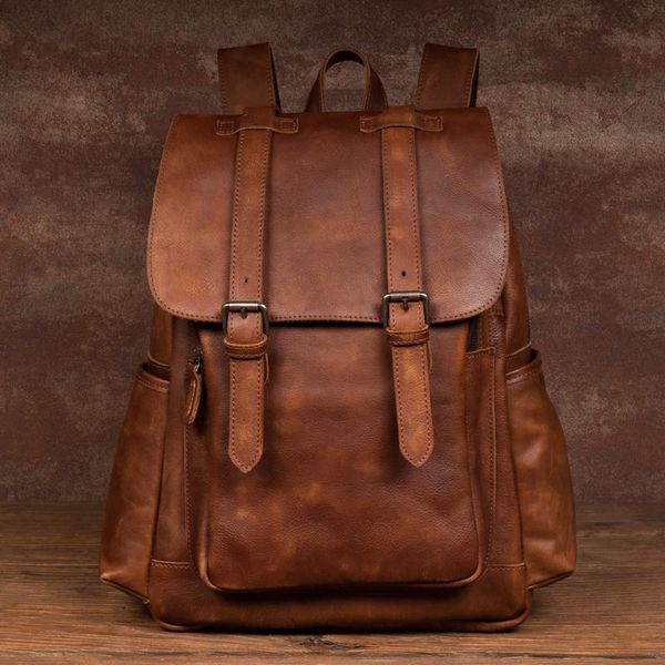 

school bags hand painted leather backpack vegetable tanned fashion trend computer bag men's and women's schoolbag