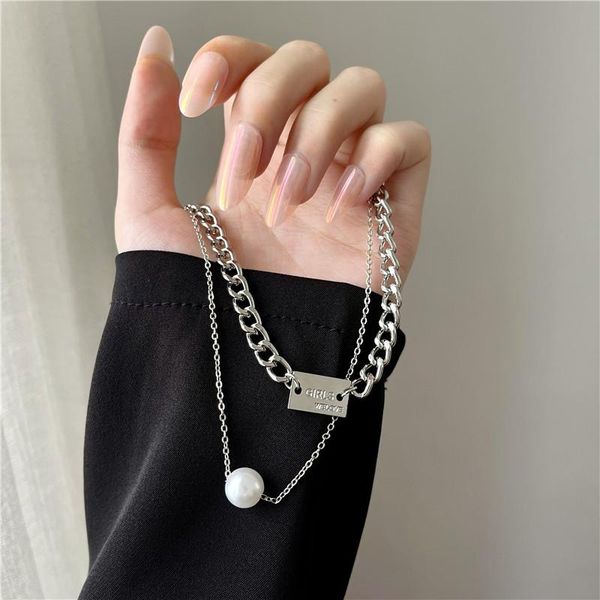

pendant necklaces titanium steel vintage pearl for women hip-hop korean style clavicle chain fashion personality gothic prom accessories, Silver