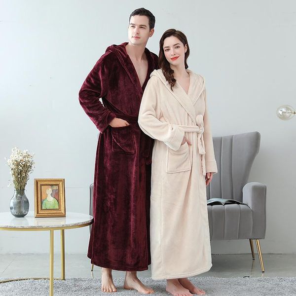 

men's sleepwear women plus size long warm flannel bathrobe winter bath robe bridesmaid hooded dressing gown bride robes men night, Black;brown