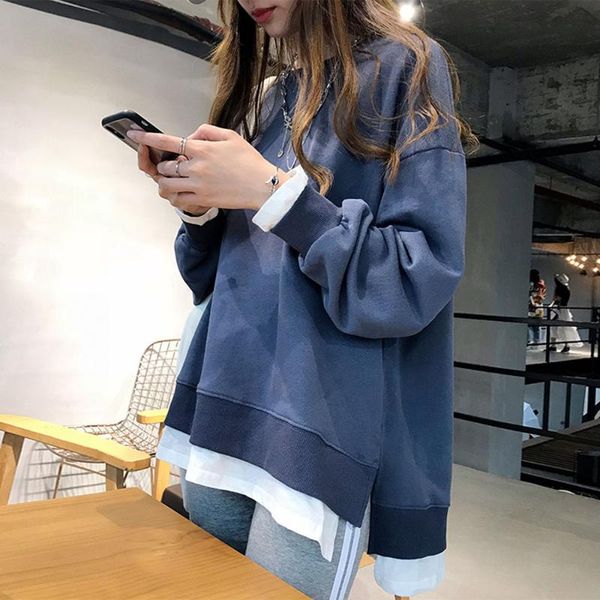 

fake two pieces women sweatshirt autumn solid long sleeve casual streetwear oversized round neck korean pull hoodies lady women's & sw, Black