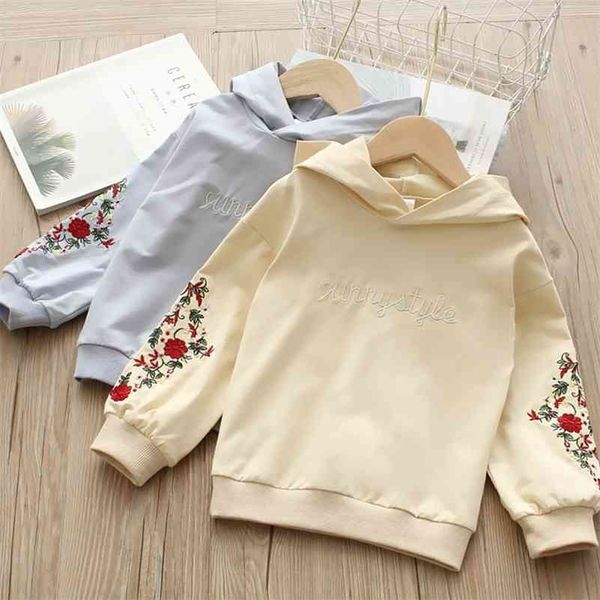 Felpa con cappuccio per bambini Primavera Abbigliamento per bambini Manica lunga per bambini Fiore ricamato Top per ragazze 2 6 8 10 12 anni 210701