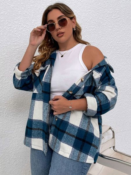 

plus plaid flap pocket drop shoulder overcoat l44y#, Black