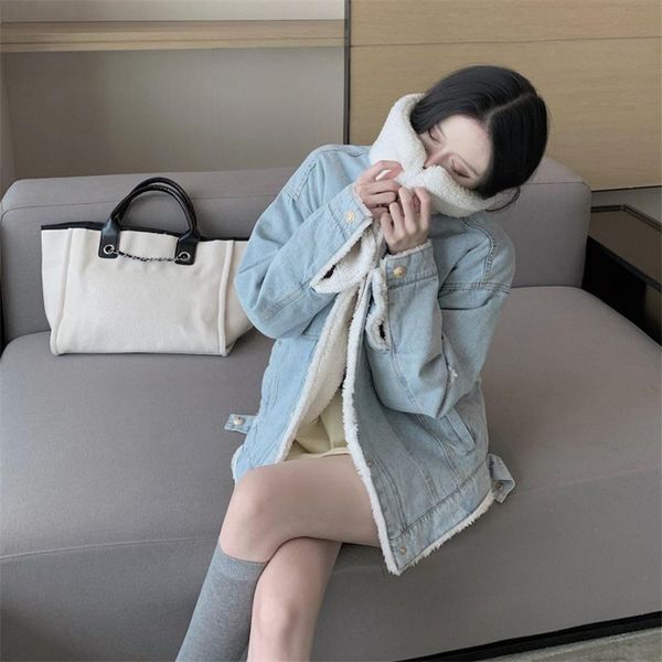 

women's down & parkas 2021 winter women lamb wool thick denim jacket loose coat casual zipper jeans outerwear warm q117, Black