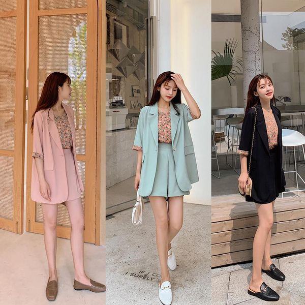 

summer casual women's shorts set bottom floral short sleeve blazer 3-piece fashion sets female korean clothing 210514, White