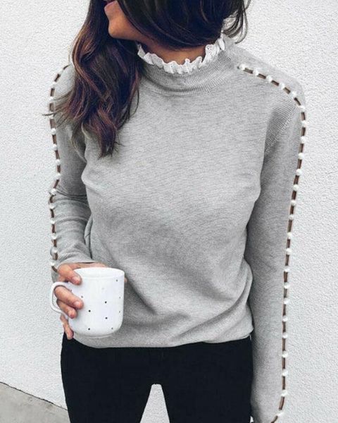 

women's hoodies & sweatshirts fashion women lace hollow high neck pearl gray ladies autumn winter warm blouse long sleeve pullovers, Black