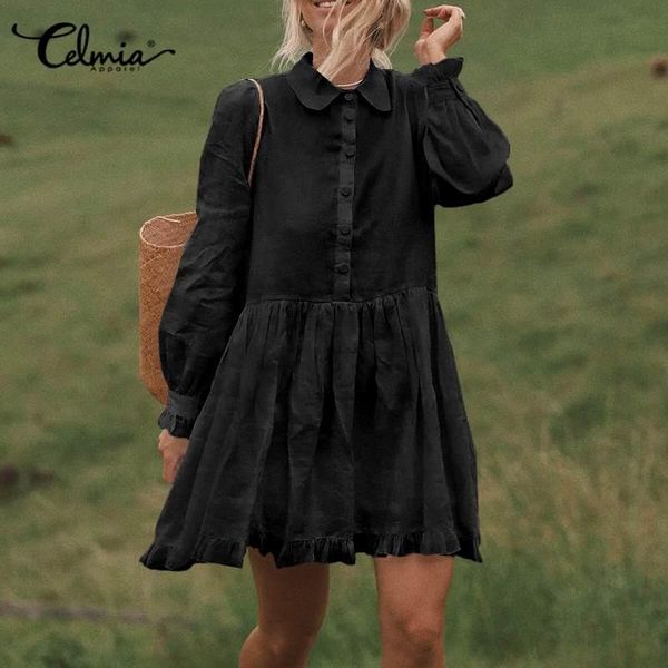 

casual dresses women elegant lapel mini dress celmia 2021 autumn loose puff long sleeve party shirt ruffles solid chic vestidos, Black;gray