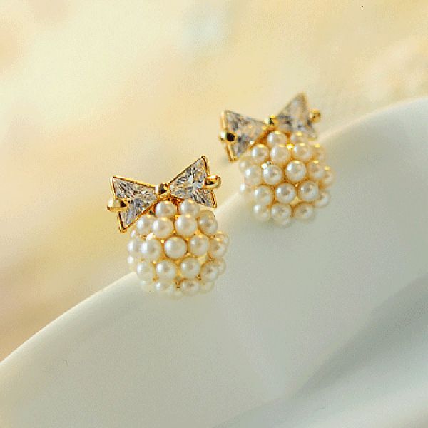 

zircon bow pearl cat's head earrings female, Golden