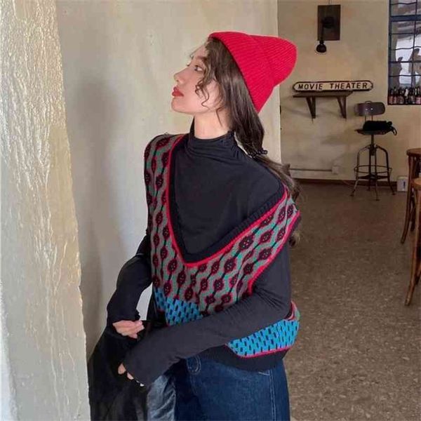 

women's knitted vest spring and autumn small fragrance wind outside v-neck short loose sweater 210427, Black;white