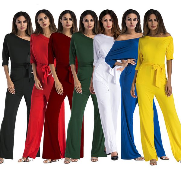 

women's jumpsuits & 2021 new classic solid slant collar button siamese wide leg pants summer fashion high waist half sleeve o, Black;white