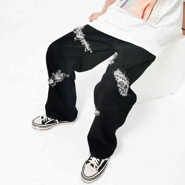 

men's pants caju hole printouts retro-denim man's pants and woman harajuku high street baggy jeans oversize fes4, Black