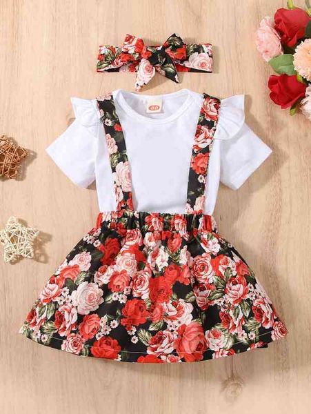 

baby ruffle trim bodysuit & floral print suspender skirt & headband she, White