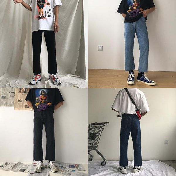 

men's jeans korean style cropped straight men bell bottom black denim for trousers spring and summer youthful vitality, Blue