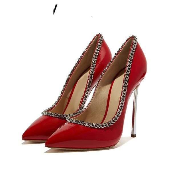 

sandals shiny leather stilettos super high heels wedding shoes bridesmaid pointed toe shollow mouth pumps metal chain women ri97, Black