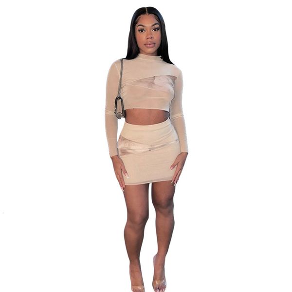 

2021 spring women mesh sheer stitching printed and skirt suit casual two piece set outfits fashion streetwear l0303, White