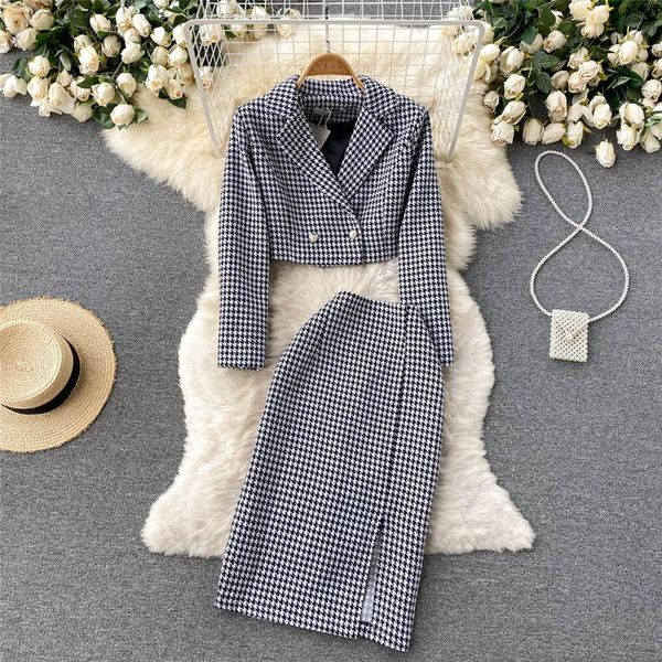 

two piece dress professional suit women short jacket retro plaid high waist spring crop blazer and skirt set trend office wear, White