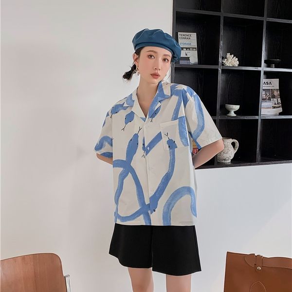

women's blouses & shirts snake print blue and white button up for women short sleeve cuba collared designer summer fashion vze