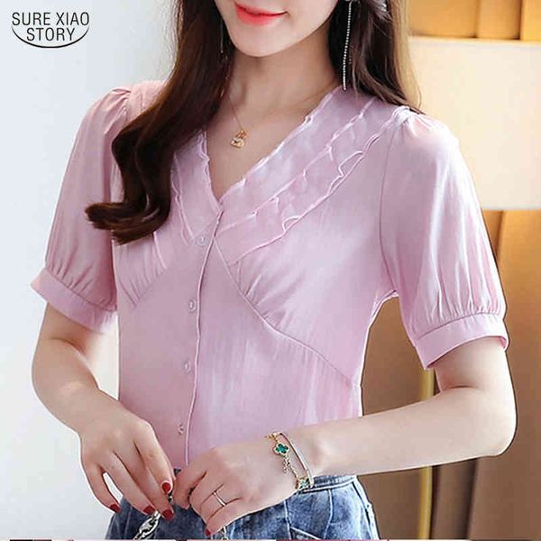 Sommer Büro Dame Hemd Lose V-ausschnitt Rosa Weiß Kleidung Blusas Solide Frauen Tops und Blusen Kurzarm Chiffon Blosuse 9856 210508