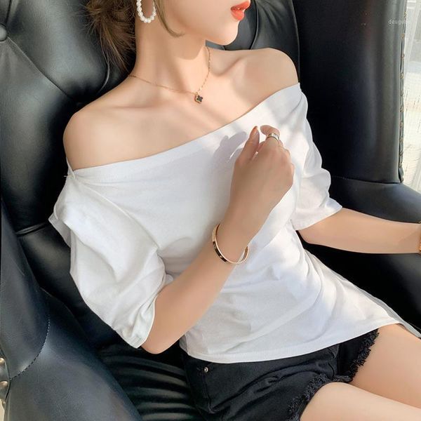 

women's t-shirt large collar strapless one-shoulder women summer 2021 short split irregular sleeves, White