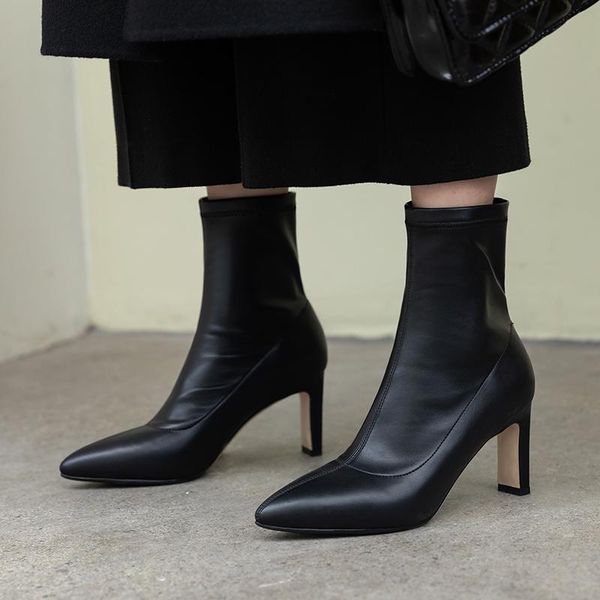 

boots women's great pu leather slip-on high heel autumn ankle pointed toe stretch elegant ladies black slim short booties shoes