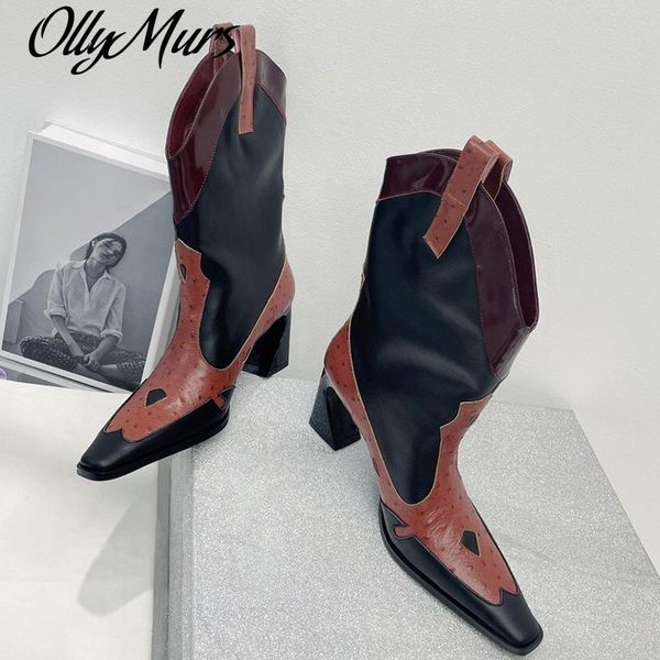 

boots ollymurs retro square toe riding brand design high heels leather women shoes fashion mid-calf slip-on female, Black