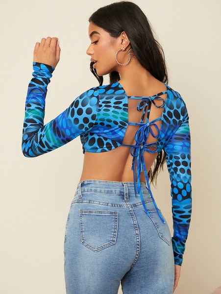 

polka dot tied backless crop 10ja#, White
