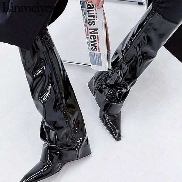 

boots fashion knee high women real leather pointy toe wedges heel modern winter motorcycle black mujer