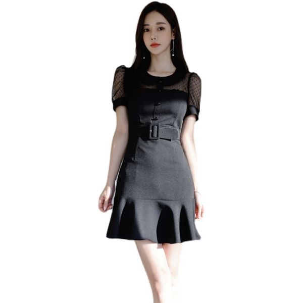 Laço preto Um vestido de linha Senhoras coreanas verão manga curta oca para fora mini vestidos de festa para roupas mulheres 210602