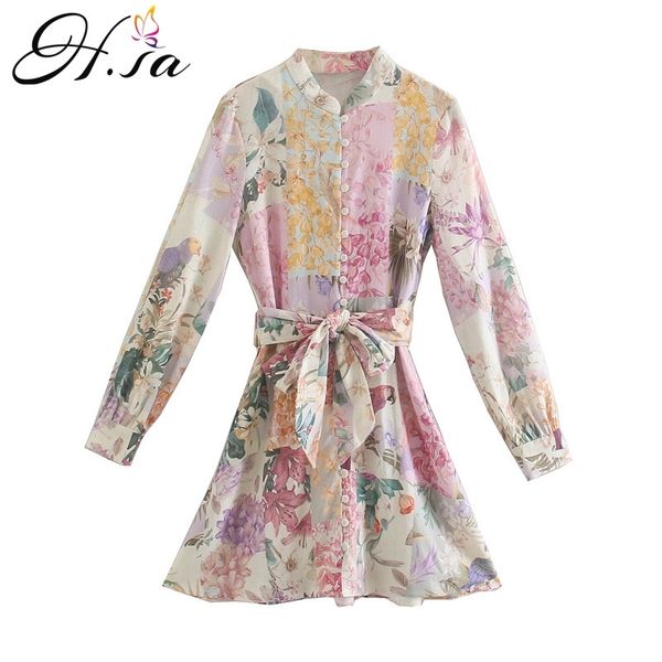 HSA Женская одежда с длинным рукавом Цветочные платья для рубашки с длинным рукавом Sashes Элегантные шикарные Южной Кореи Vestido Corto Sundresses Женщины 210716