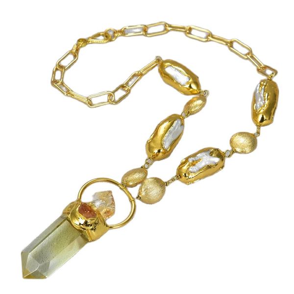 

guaiguai jewelry white keshi biwa pearl gold plated coin natural citrine lemon quartz pendant chain necklace for women real gems stone lady, Silver