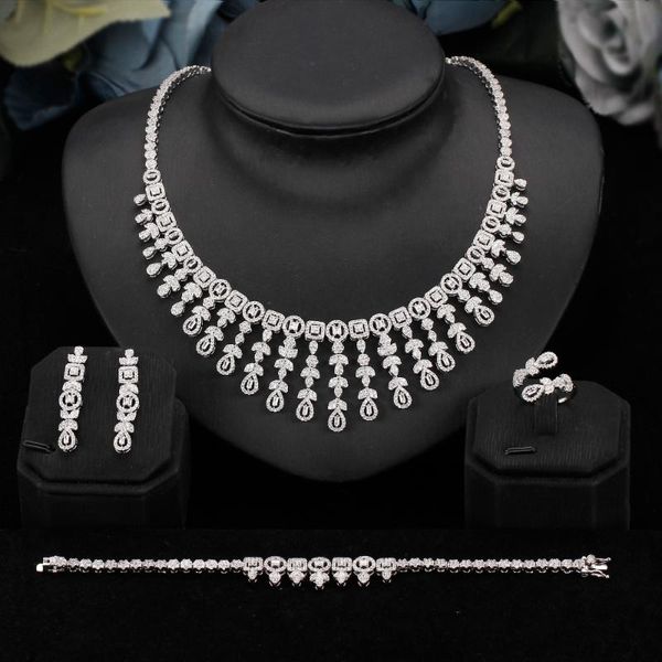 

earrings & necklace bride talk women fashion jewelry set 4 pcs ring bracelet shiny cubic zirconia super quality lady accessories, Silver