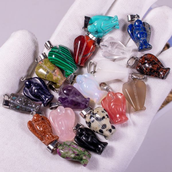 

natural stone angel charms rose quartz tiger's eye opal pendants crystal pendants clear chakras gem stone fit earrings necklace making, Bronze;silver