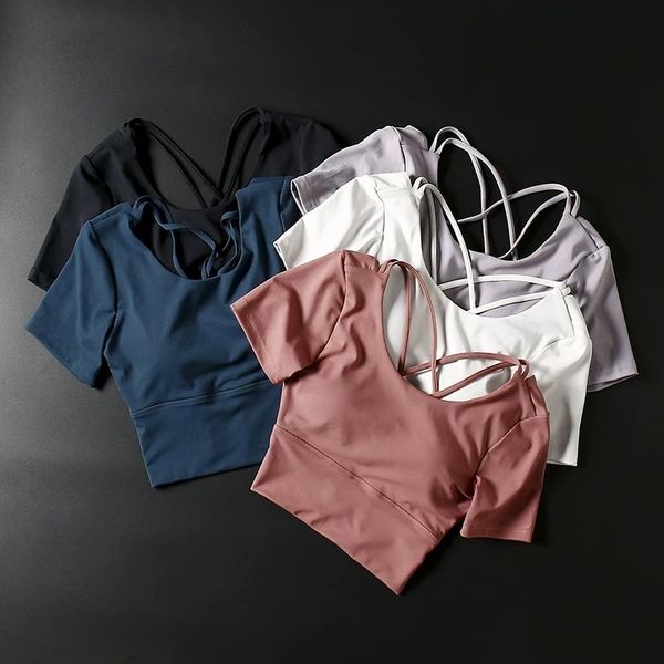 

back sports t-shirt women's chest cushion tight open navel yoga suit short sleeve running fitness thin, Gray