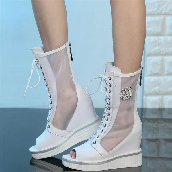 

casual shoes women genuine leather high heel pumps female lace up summer peep toe motorcycle boots fashion sneakers dress, Black