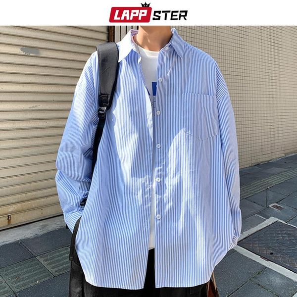 

men's casual shirts lappster men korean fashions long sleeve 2021 spring mens striped blue vintage shirt male cotton button up blouse 5, White;black