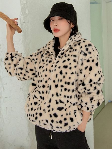 

dazy dalmatian print drop shoulder teddy jacket q39v#, Black;brown