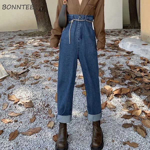 

women's jeans plus size women high waist office lady fashion all-match baggy design chain ankle length elegant casual streetwear korean, Blue