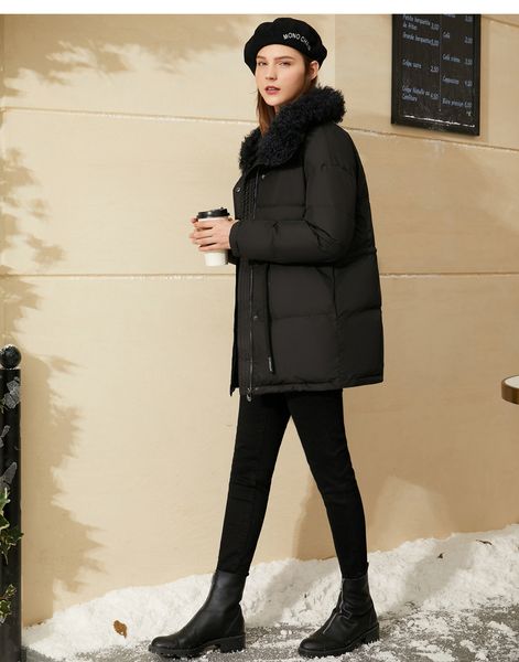 

2021 women's winter coat thick downs jacket pocket cotton warm waist middle long fashion quality one, Black