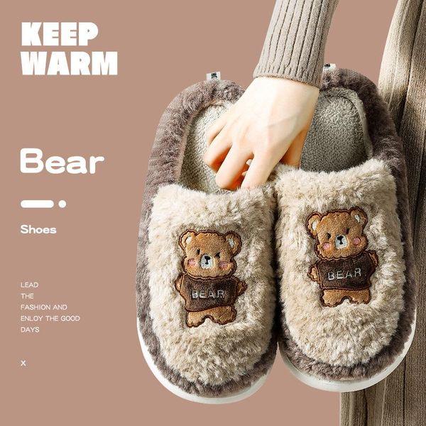 

slippers winter for men and women artificial wool embroidered bear furry boys girls home shoes cartoon adorable, Black