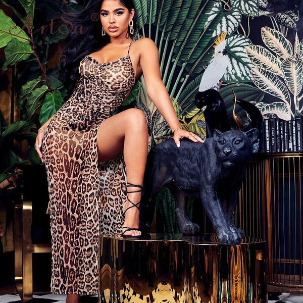 

casual dresses leopard print women long party high split maxi dress spaghetti strappy backless bandage vacation beach vestidos, Black;gray