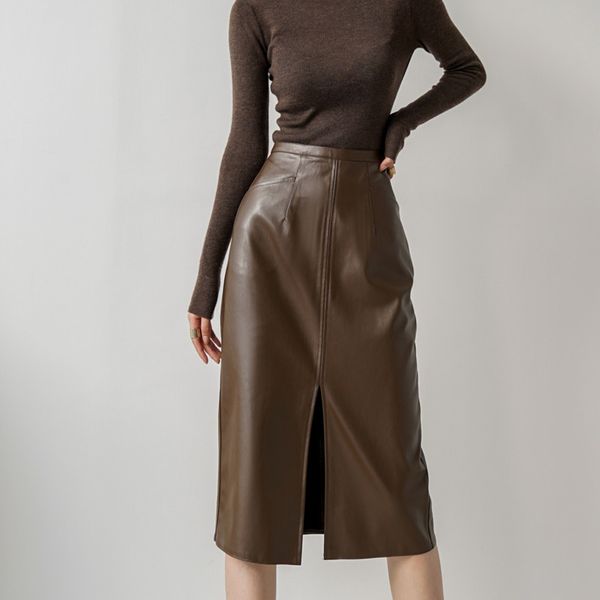 

spring autumn women casual solid color over knee plus size black pu leather split straight skirt 8y813 210510