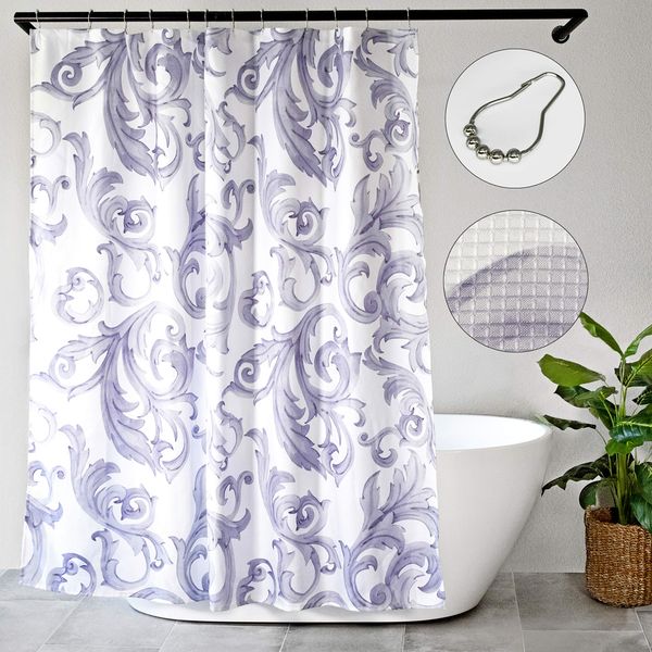 

luxury white gray waffle shower curtain, with 12 roller hooks, water repellent fabric, spa l quality, 72" x 72" for