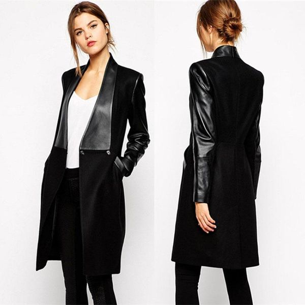 

autumn winter casual solid jacket fashion women trench pu coats outerwear office ladies causal long overcoat women's wool & blends, Black