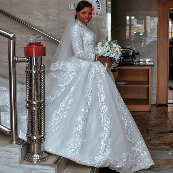 

muslim 2022 wedding dresses bridal gowns high neck long sleeve vestidos de novia lace appliqued sweep train mariage dress, White