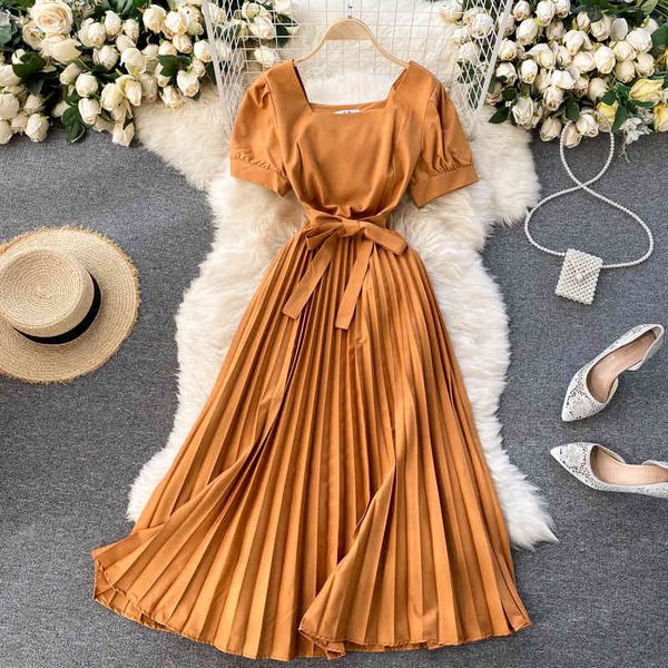 

casual dresses summer women 2021 new solid french style square collar short sleeve vintage sash lace-up slim midi pleated ltpb, Black;gray