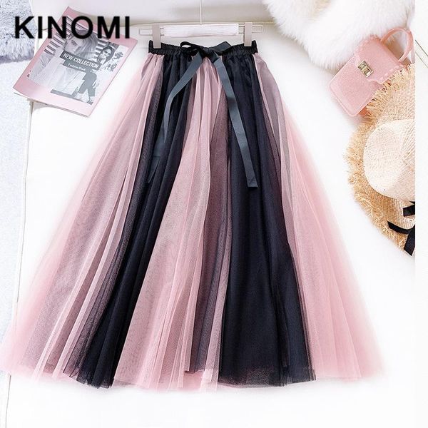 

skirts kinomi 2021 spring summer mesh patchwork a-line tulle elegant long skirt high waist korean style ball gown lace-up, Black