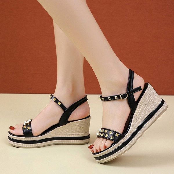 

sandals fashion women sandalias summer comfy thick bottom peep toe shoes 2021 arrival rivet concise wear resitant ladies mules, Black